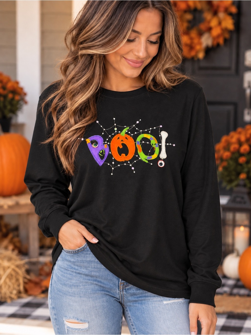 Halloween BOO Embroidered Long Sleeve T-Shirt Girls L/G 12/14 Black